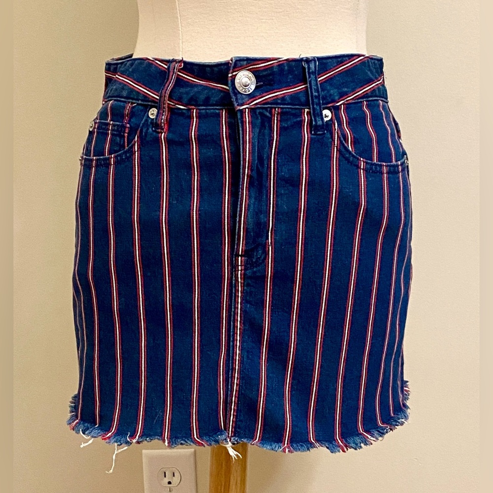 America Eagle Super Stretch Blue Red Striped 6 Americana Denim Mini Jean Skirt - Picture 1 of 12